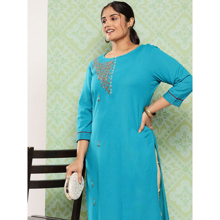 Women Rama Green Embroidered straight Kurta