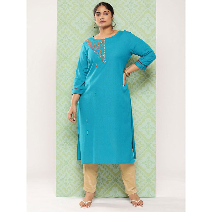 Women Rama Green Embroidered straight Kurta