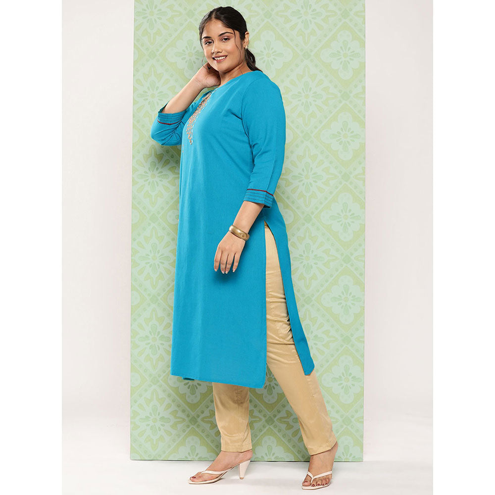 Women Rama Green Embroidered straight Kurta