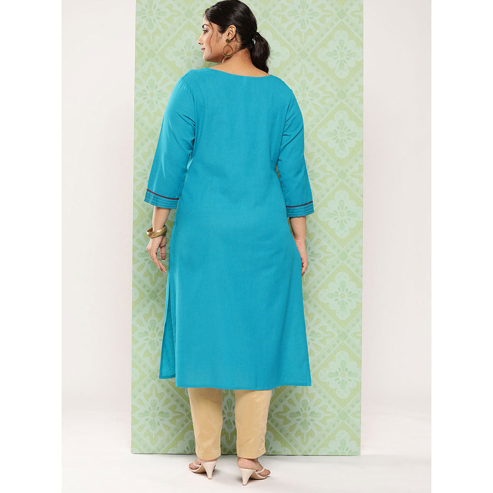 Women Rama Green Embroidered straight Kurta