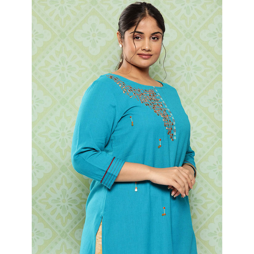 Women Rama Green Embroidered straight Kurta