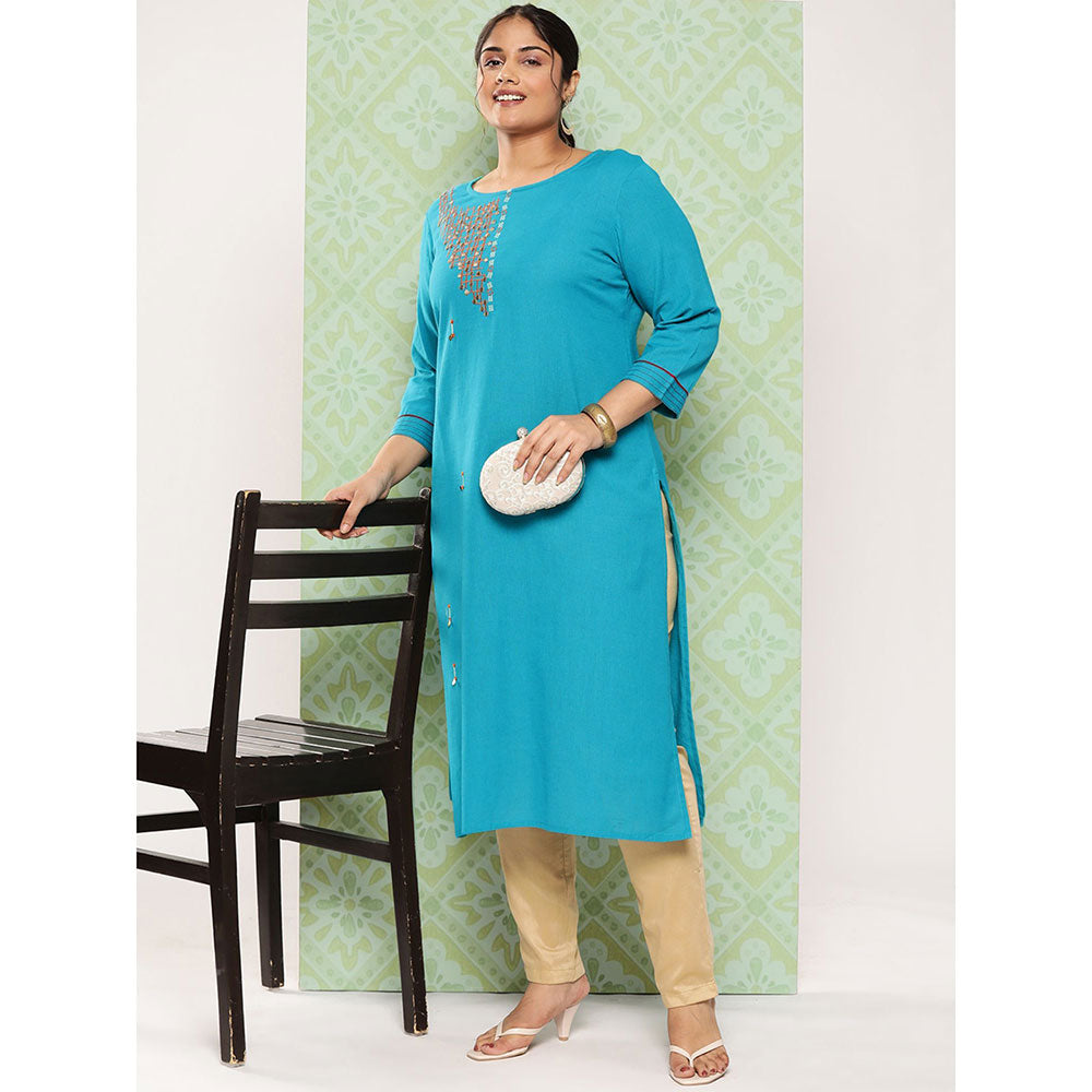 Women Rama Green Embroidered straight Kurta