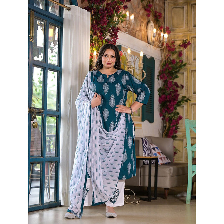 Teal Green Block Print Kurta with Palazzos with dupatta