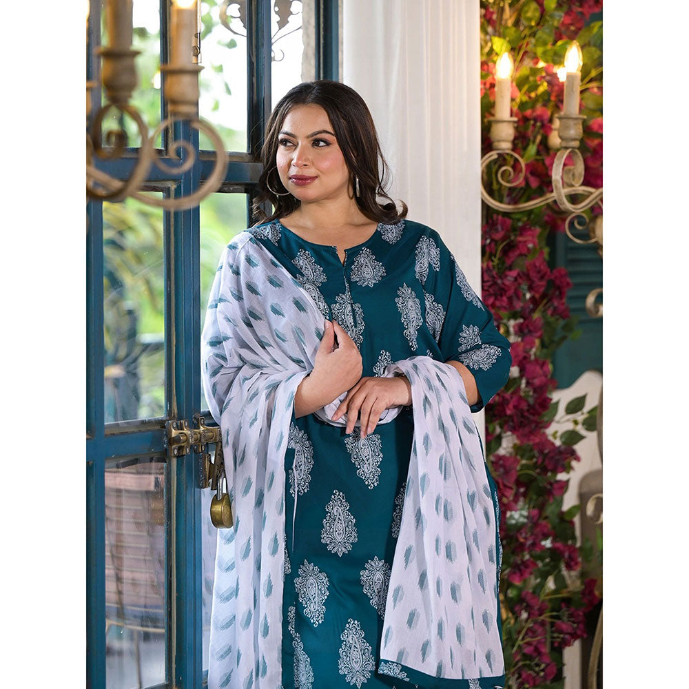 Teal Green Block Print Kurta with Palazzos with dupatta