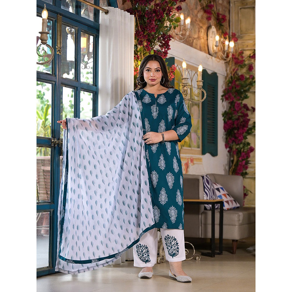 Teal Green Block Print Kurta with Palazzos with dupatta