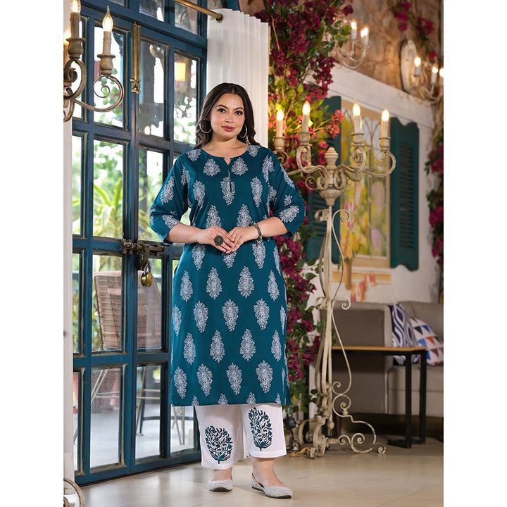 Teal Green Block Print Kurta with Palazzos with dupatta