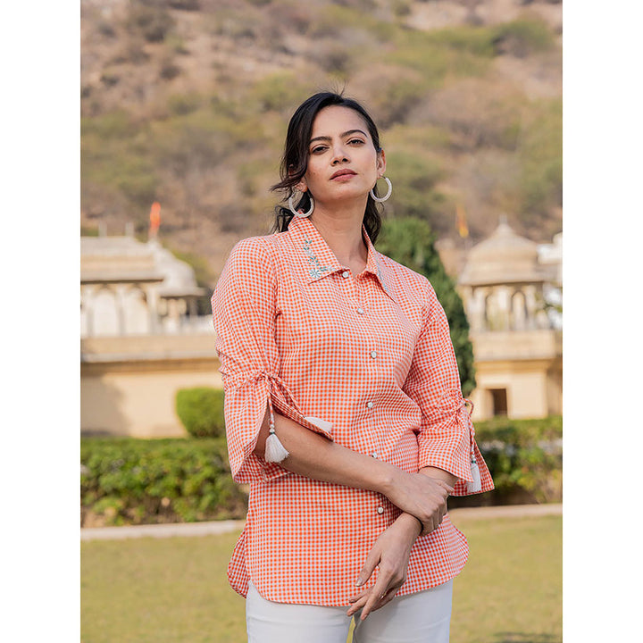 Yufta Weaved Orange Cotton Checks Printed Top with Embroidery