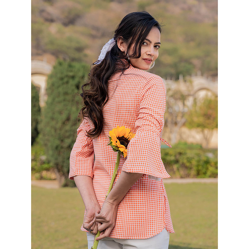 Yufta Weaved Orange Cotton Checks Printed Top with Embroidery