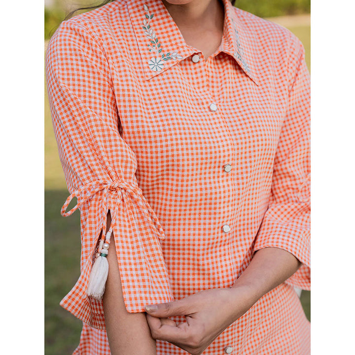 Yufta Weaved Orange Cotton Checks Printed Top with Embroidery