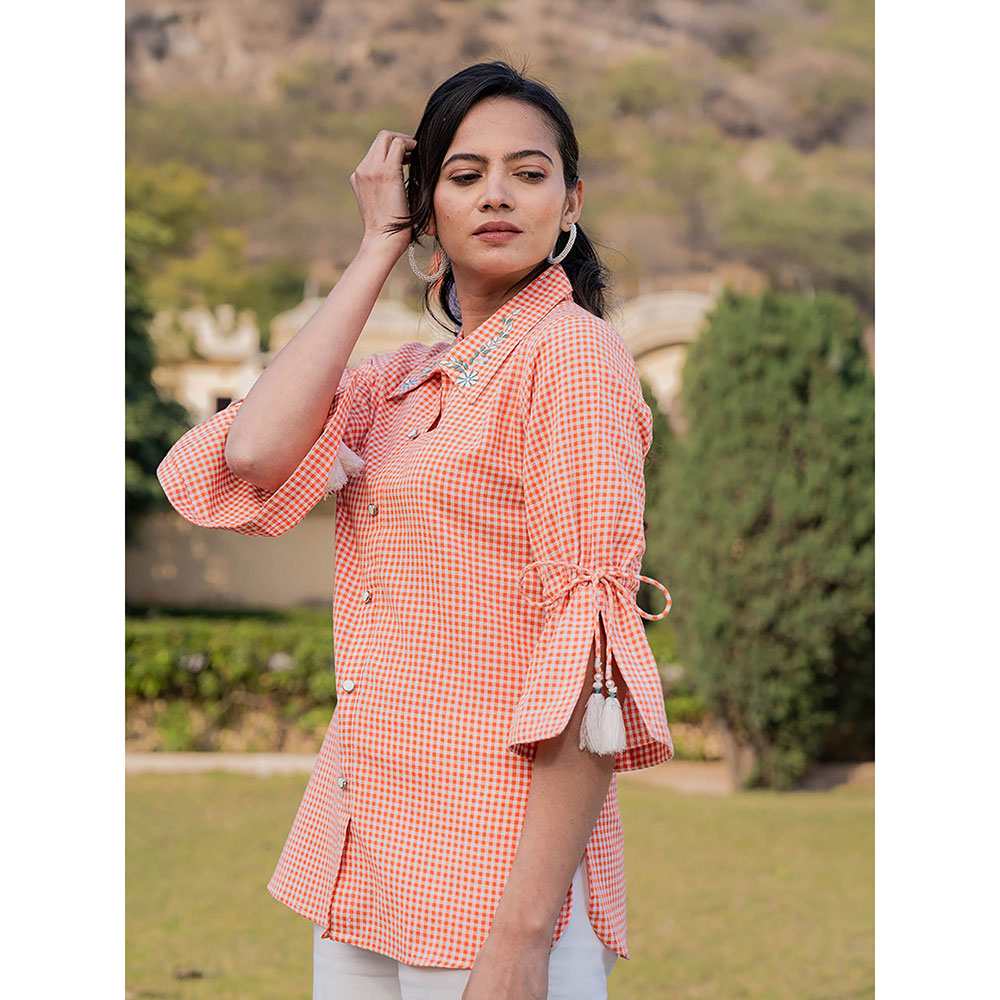 Yufta Weaved Orange Cotton Checks Printed Top with Embroidery