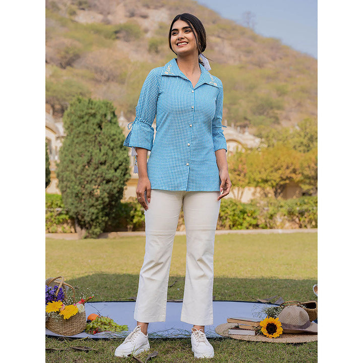 Yufta Sky Blue Cotton Checks Printed Top with Embroidery