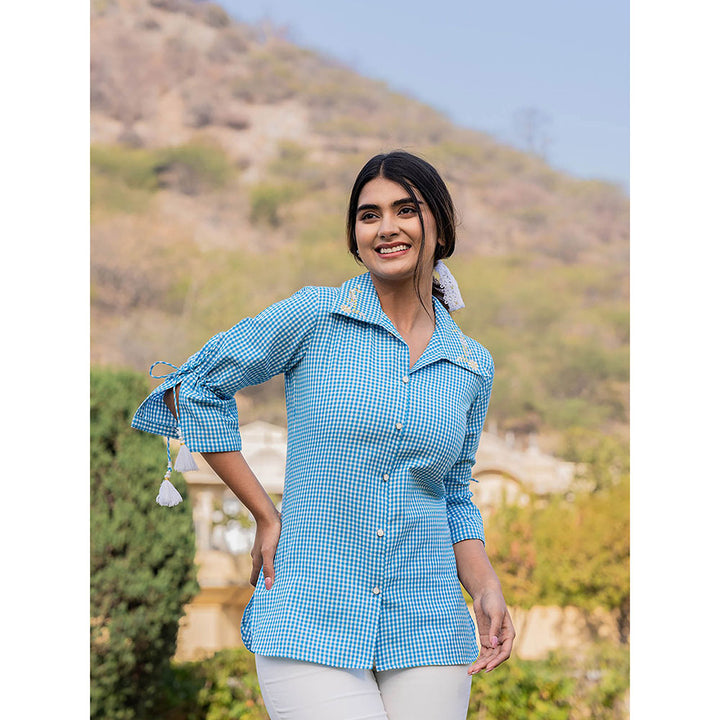 Yufta Sky Blue Cotton Checks Printed Top with Embroidery