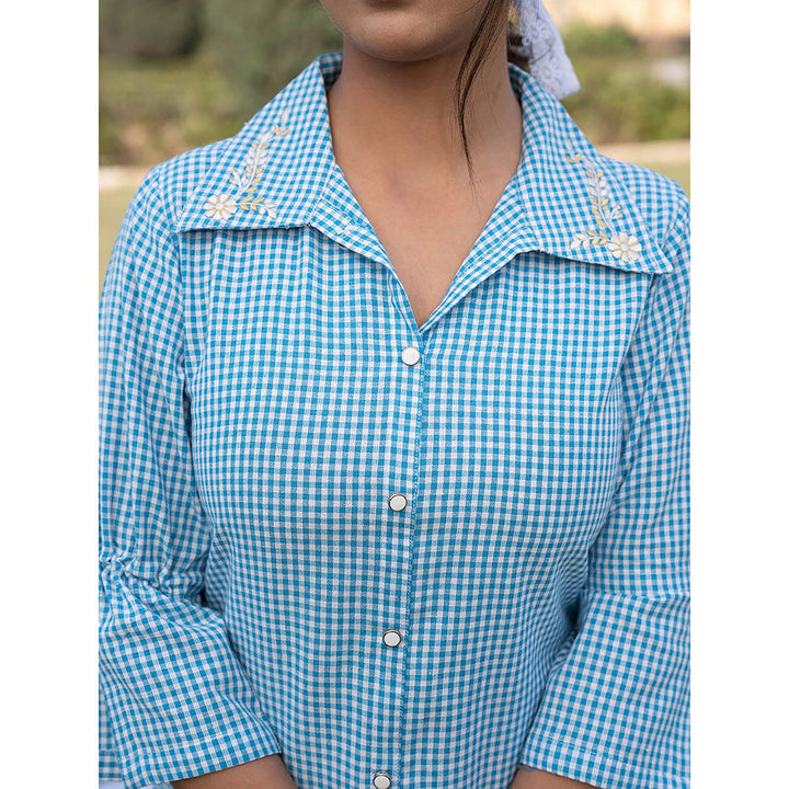 Yufta Sky Blue Cotton Checks Printed Top with Embroidery