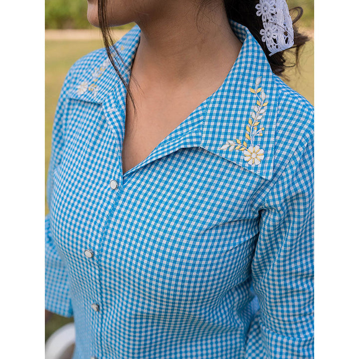 Yufta Sky Blue Cotton Checks Printed Top with Embroidery