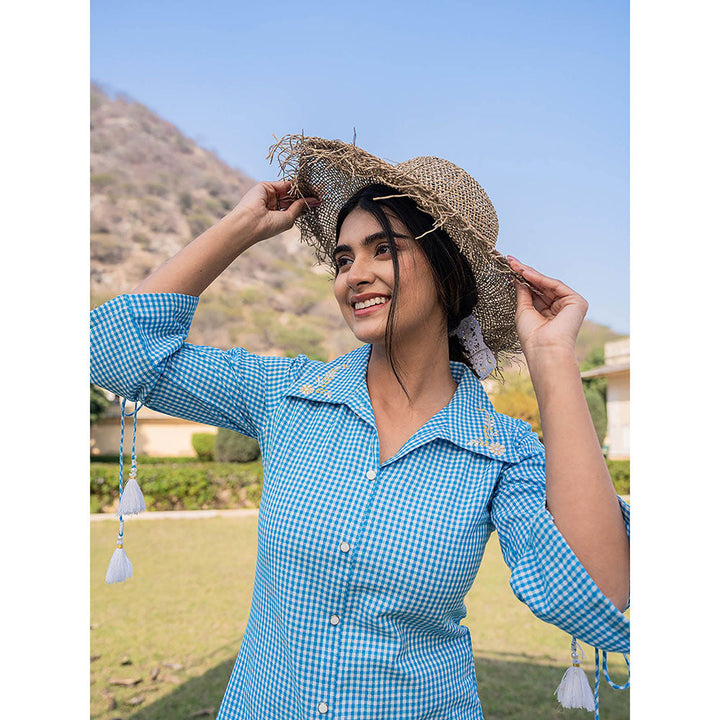 Yufta Sky Blue Cotton Checks Printed Top with Embroidery