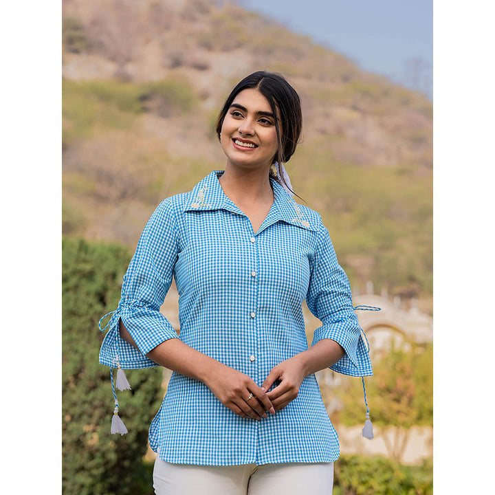 Yufta Sky Blue Cotton Checks Printed Top with Embroidery