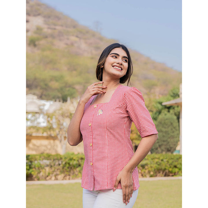 Yufta Red Cotton Checks Printed Top with Embroidery