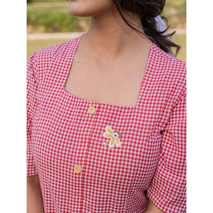 Yufta Red Cotton Checks Printed Top with Embroidery