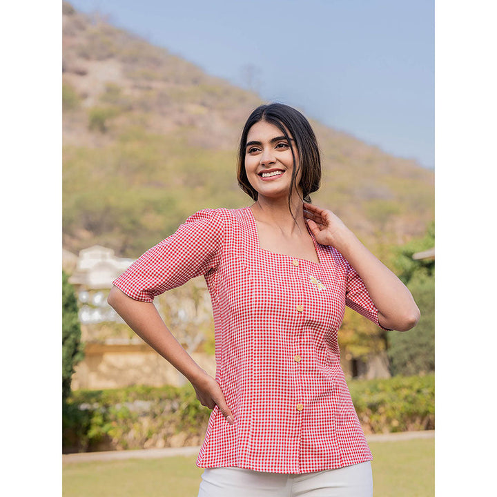 Yufta Red Cotton Checks Printed Top with Embroidery