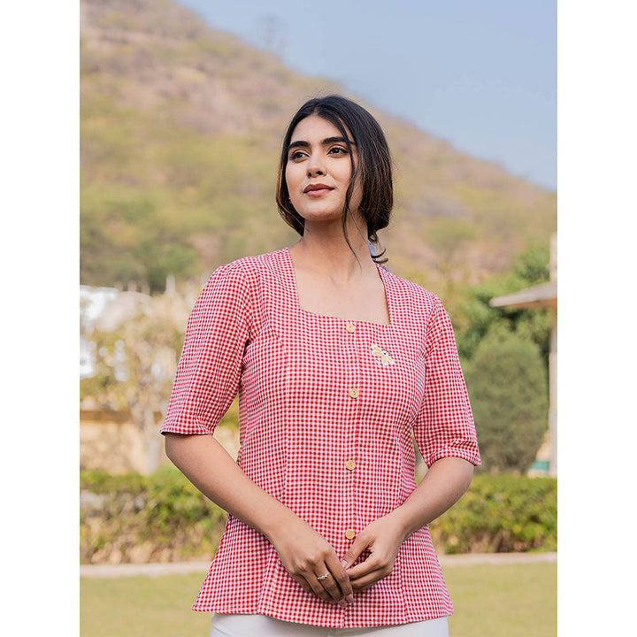 Yufta Red Cotton Checks Printed Top with Embroidery