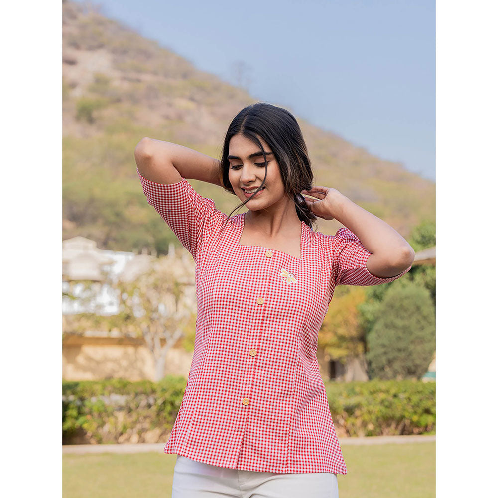 Yufta Red Cotton Checks Printed Top with Embroidery