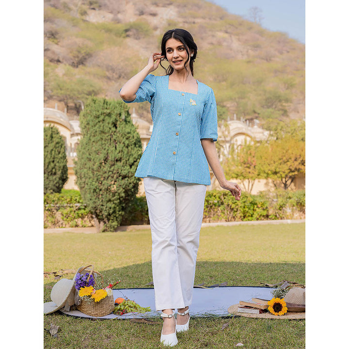 Yufta Blue Cotton Checks Printed Top with Embroidery