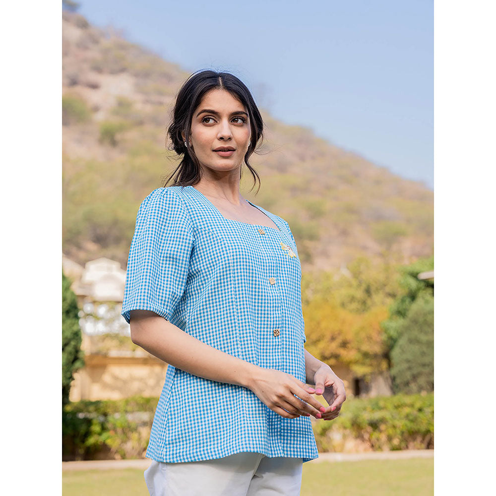 Yufta Blue Cotton Checks Printed Top with Embroidery