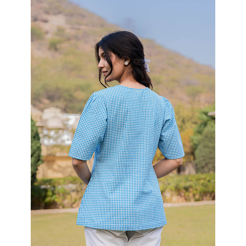 Yufta Blue Cotton Checks Printed Top with Embroidery