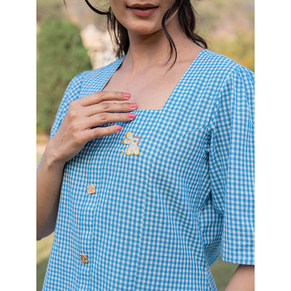 Yufta Blue Cotton Checks Printed Top with Embroidery