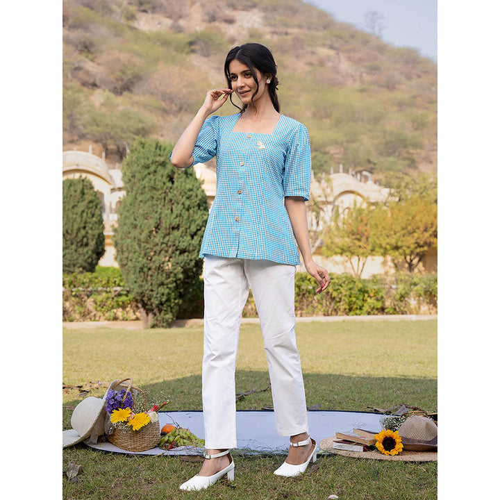 Yufta Blue Cotton Checks Printed Top with Embroidery