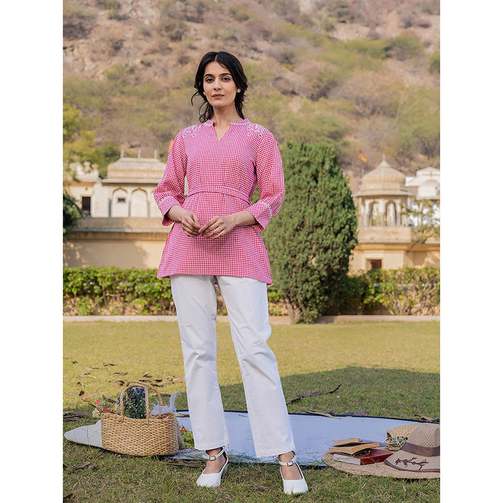 Yufta Pink Weaved Cotton Checks Printed Top with Embroidery