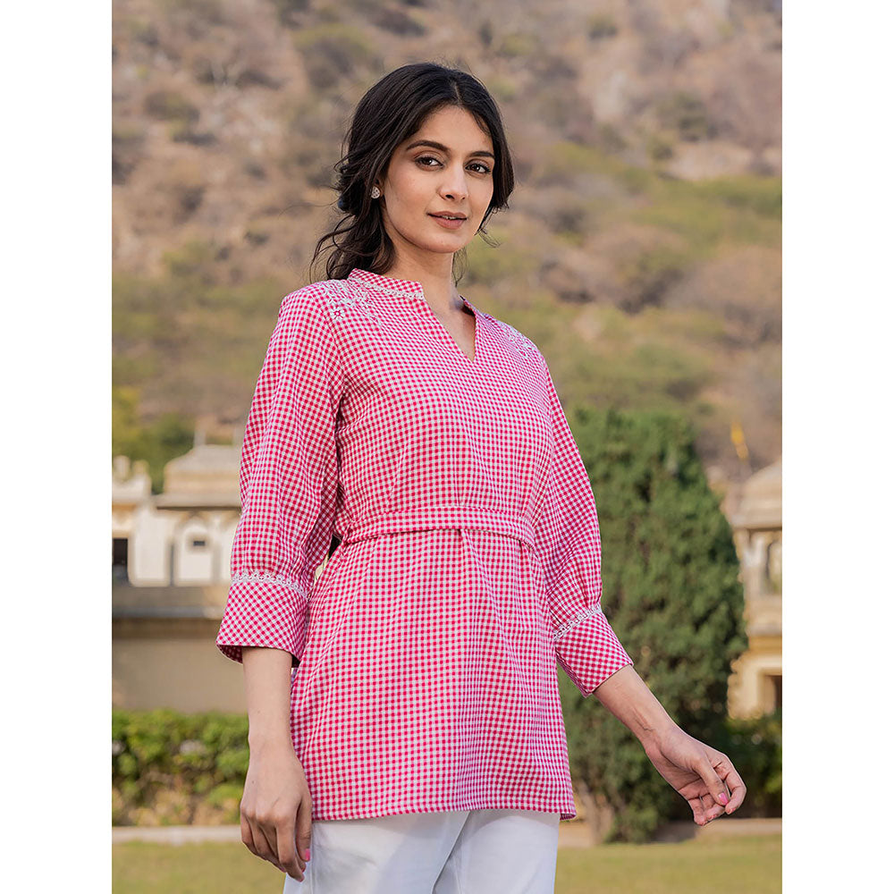 Yufta Pink Weaved Cotton Checks Printed Top with Embroidery