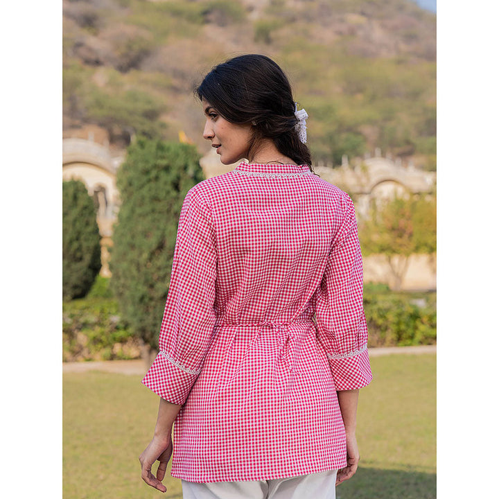 Yufta Pink Weaved Cotton Checks Printed Top with Embroidery