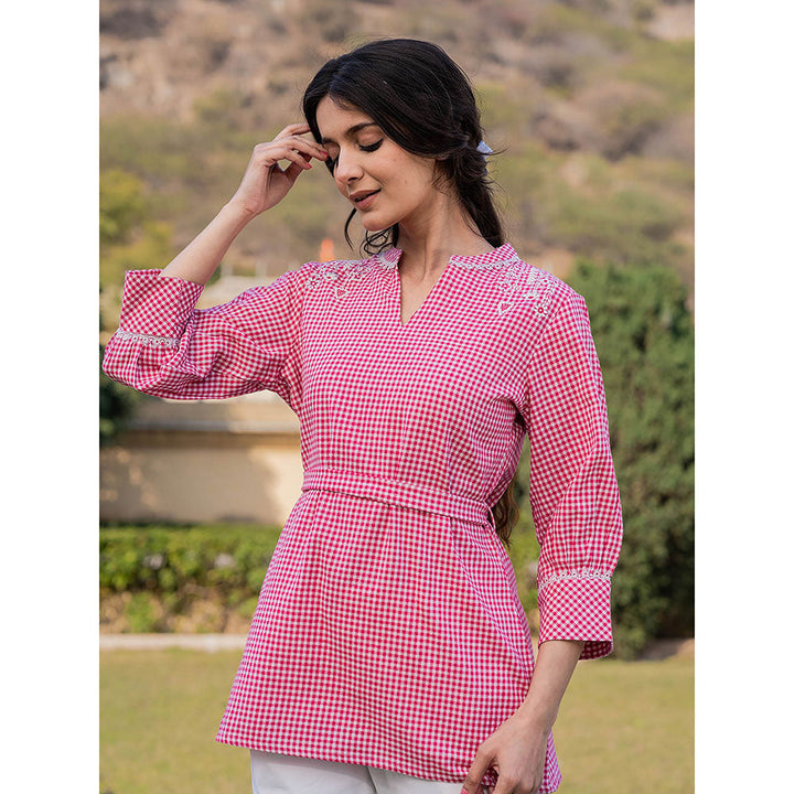 Yufta Pink Weaved Cotton Checks Printed Top with Embroidery