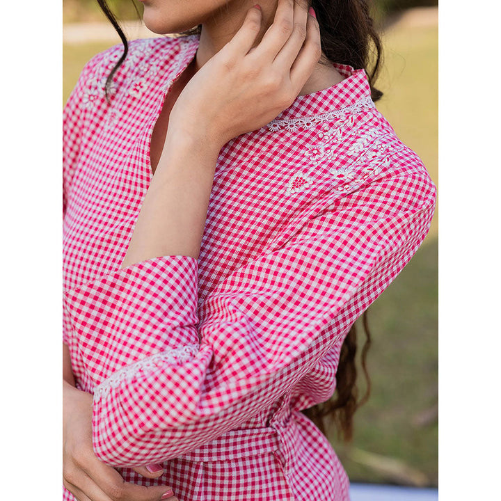 Yufta Pink Weaved Cotton Checks Printed Top with Embroidery