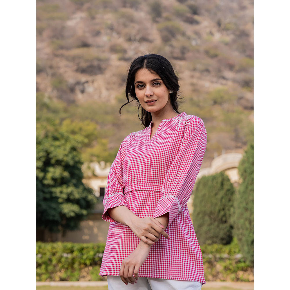 Yufta Pink Weaved Cotton Checks Printed Top with Embroidery