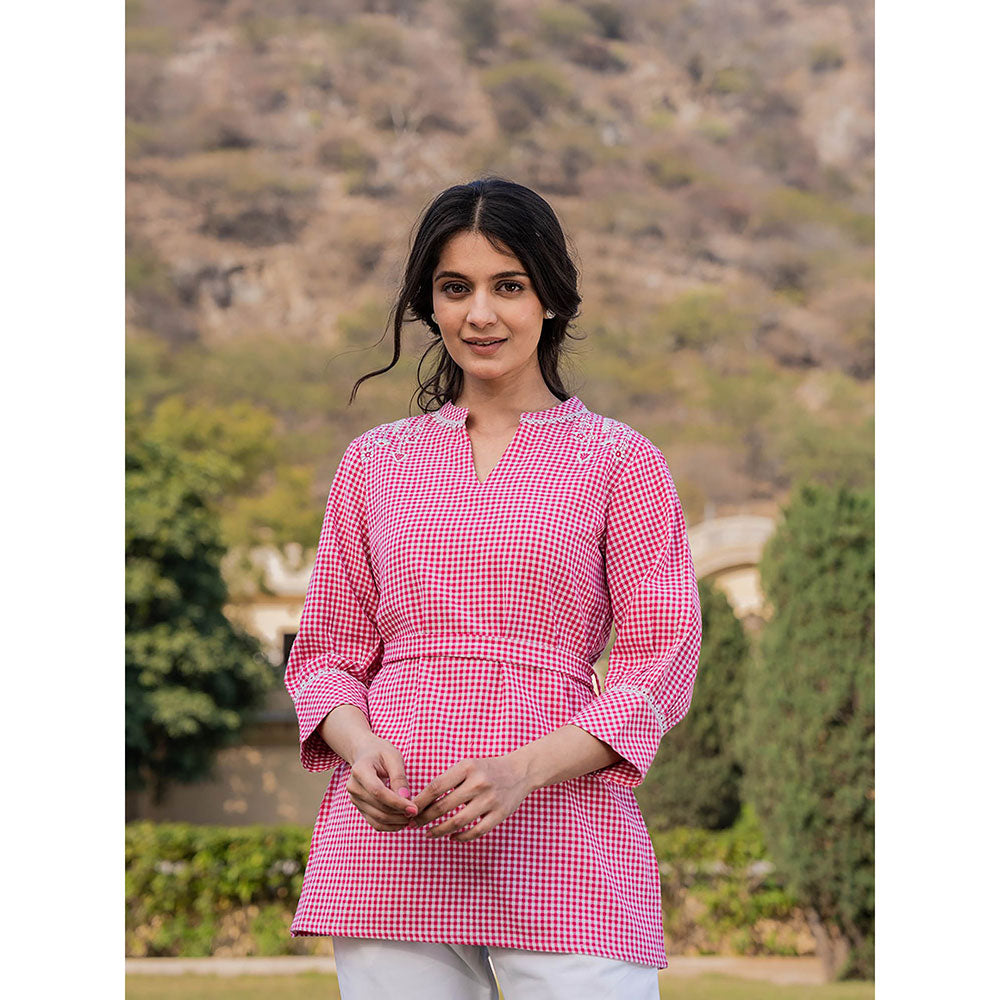 Yufta Pink Weaved Cotton Checks Printed Top with Embroidery