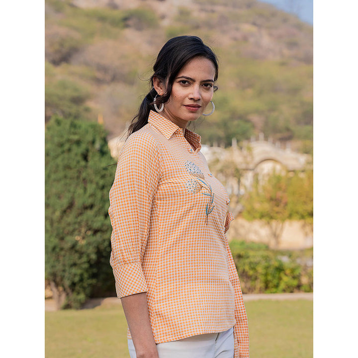 Yufta Weaved Cotton Checks Printed Top with Embroidery