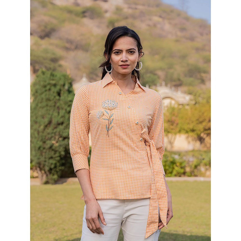 Yufta Weaved Cotton Checks Printed Top with Embroidery