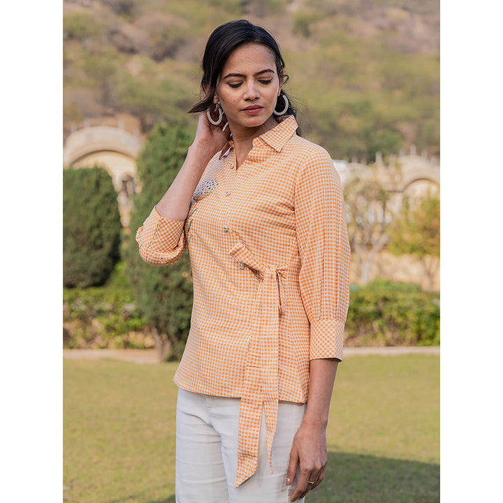 Yufta Weaved Cotton Checks Printed Top with Embroidery