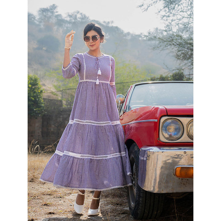 Yufta Purple Cotton Check Tiered Dress