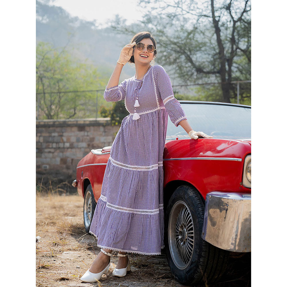 Yufta Purple Cotton Check Tiered Dress