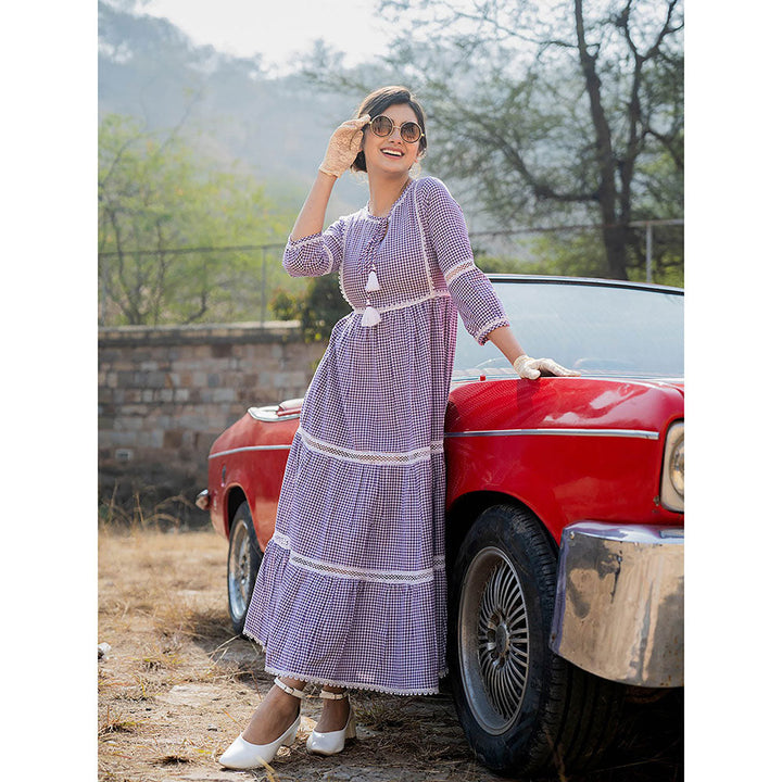 Yufta Purple Cotton Check Tiered Dress