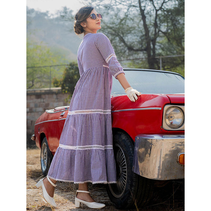 Yufta Purple Cotton Check Tiered Dress