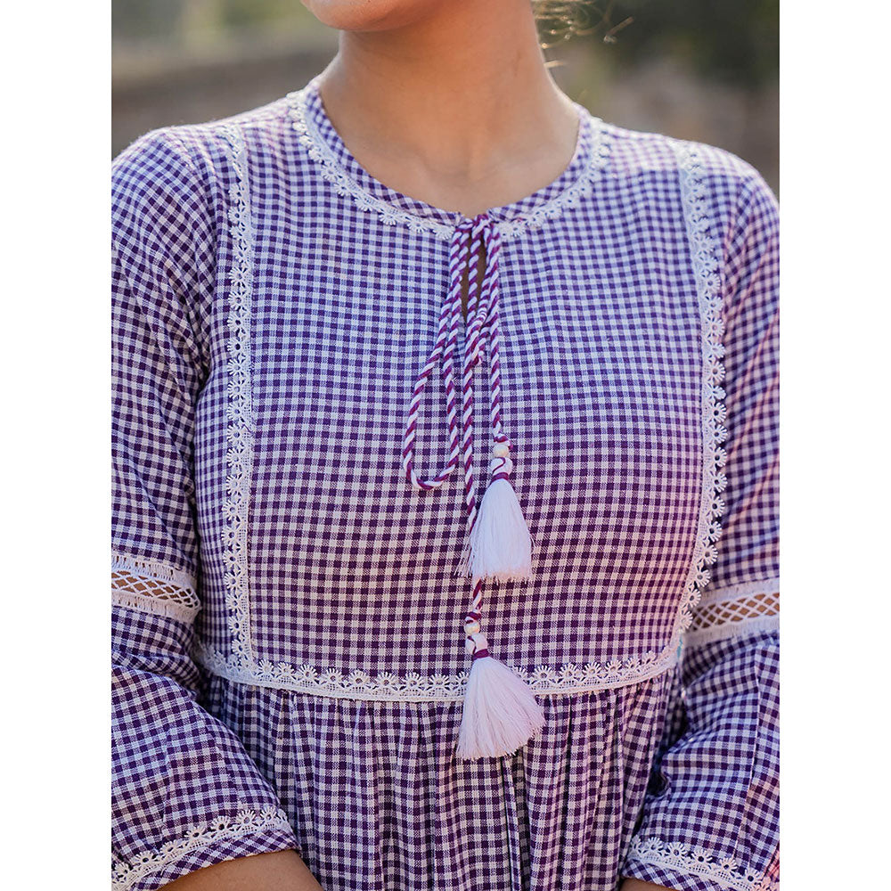 Yufta Purple Cotton Check Tiered Dress