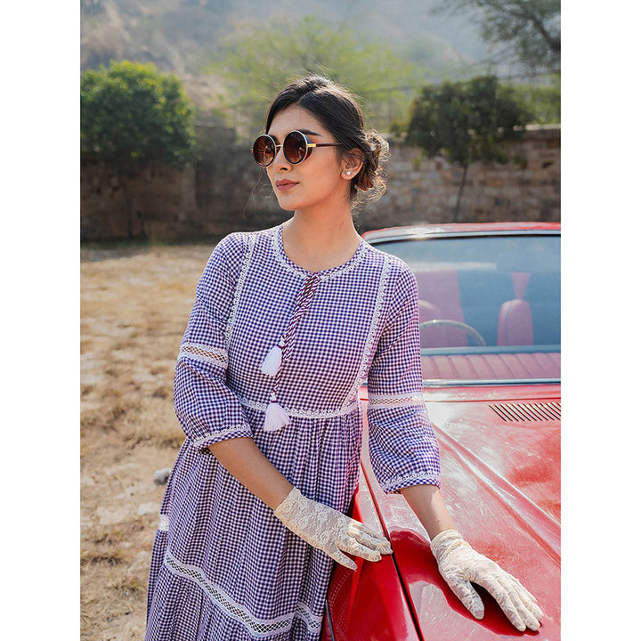 Yufta Purple Cotton Check Tiered Dress