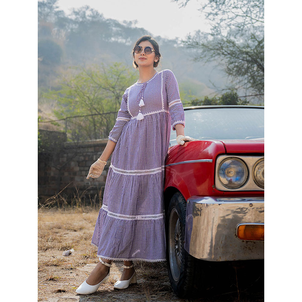 Yufta Purple Cotton Check Tiered Dress