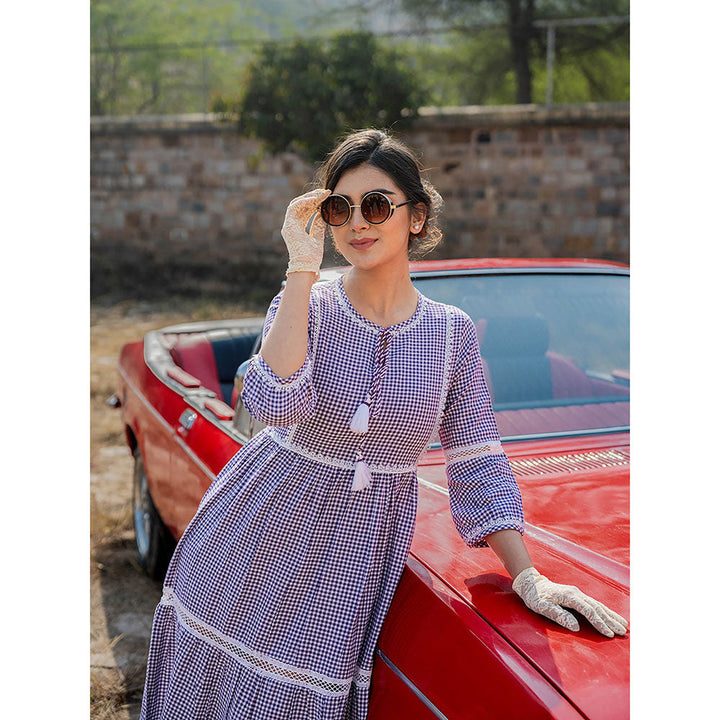 Yufta Purple Cotton Check Tiered Dress