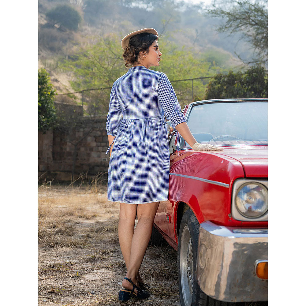 Yufta Blue Cotton Check Mini Dress