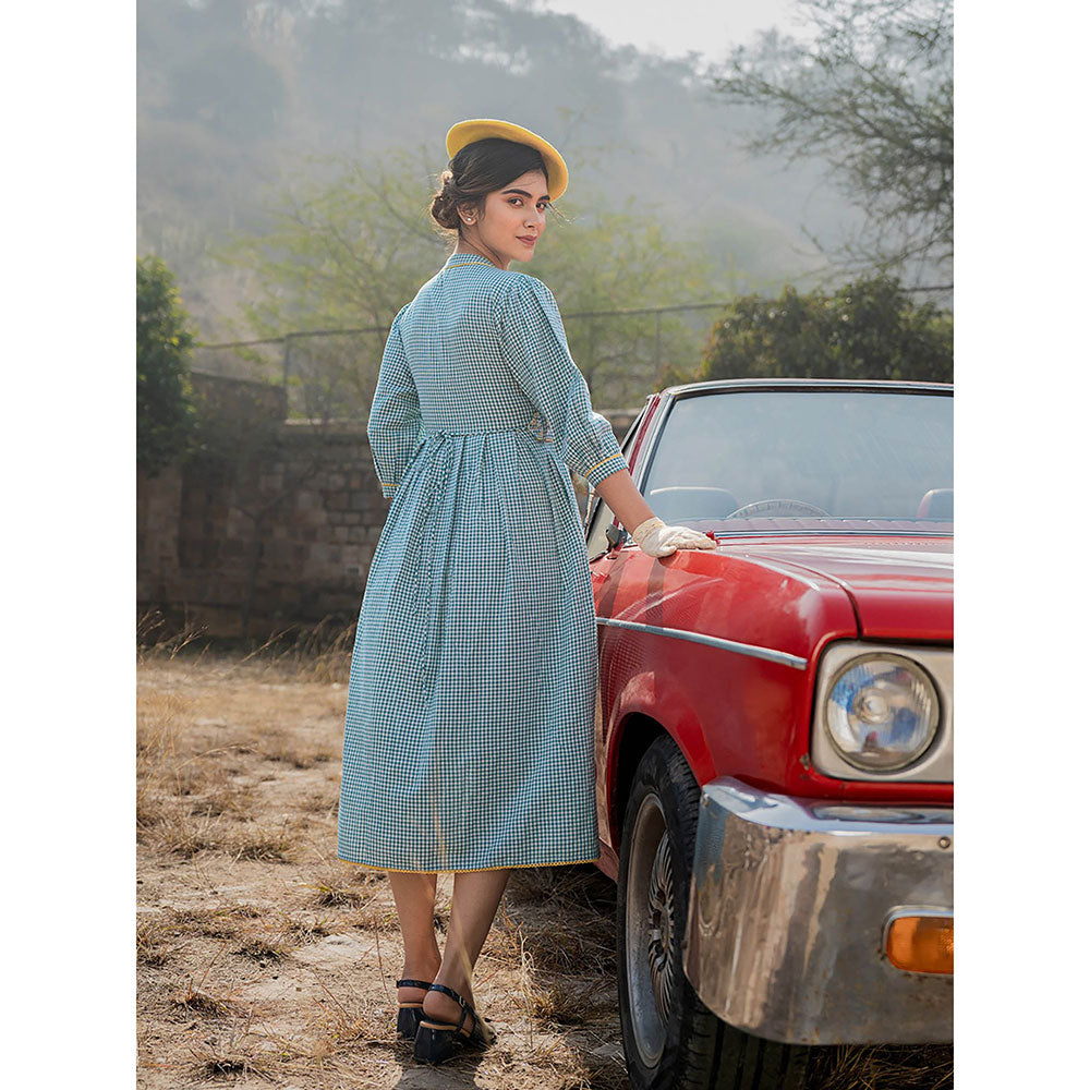 Yufta Blue Cotton Check Comes with A Belt Dress (Set of 2)